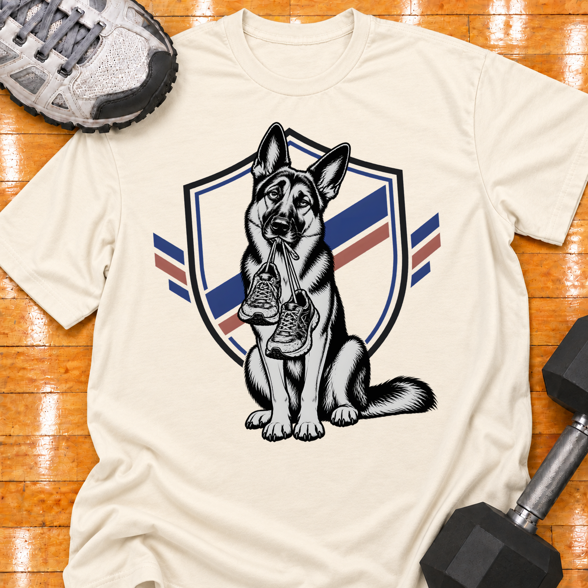German Shepherd old training shoes tied together - Natural - HMTC approved v02 template mockup v05