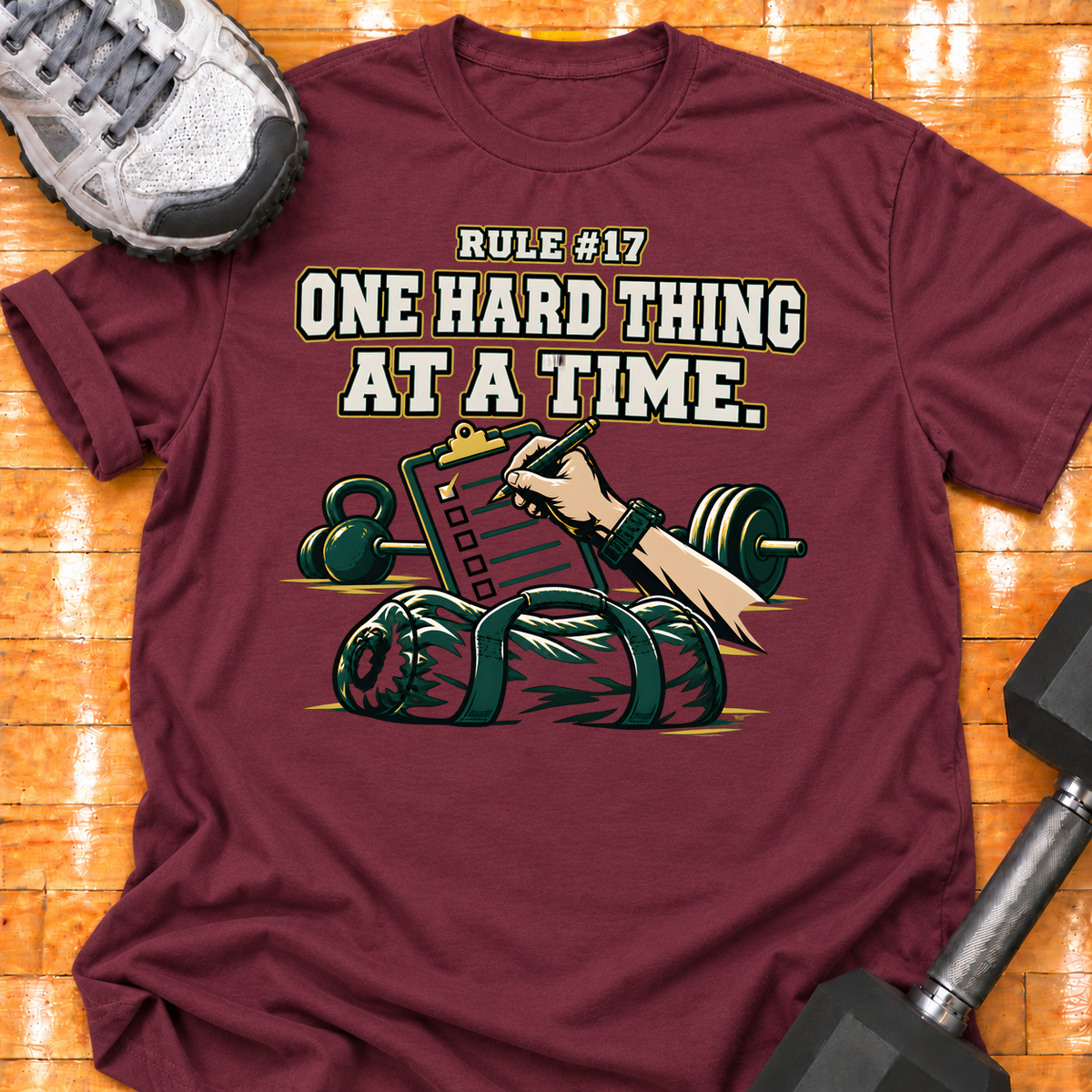 HIGH MILEAGE TRAINING CLUB RULE #17 ONE HARD THING AT A TIME - Maroon - HMTC approved v02 template mockup v05