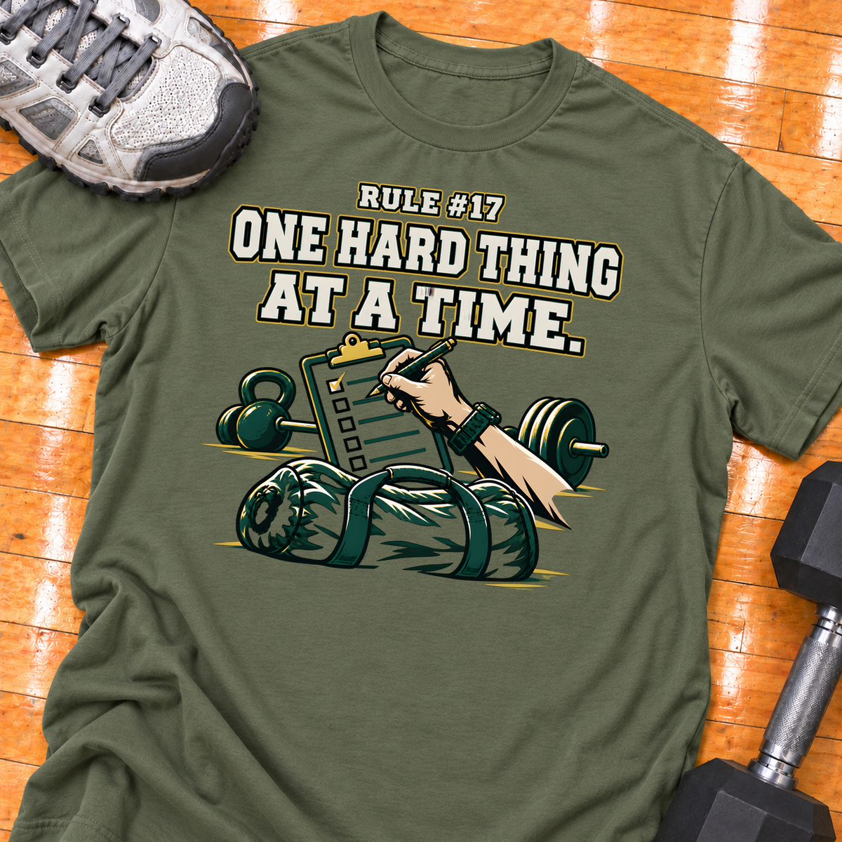HIGH MILEAGE TRAINING CLUB RULE #17 ONE HARD THING AT A TIME - Military Green - HMTC approved v02 template mockup v05