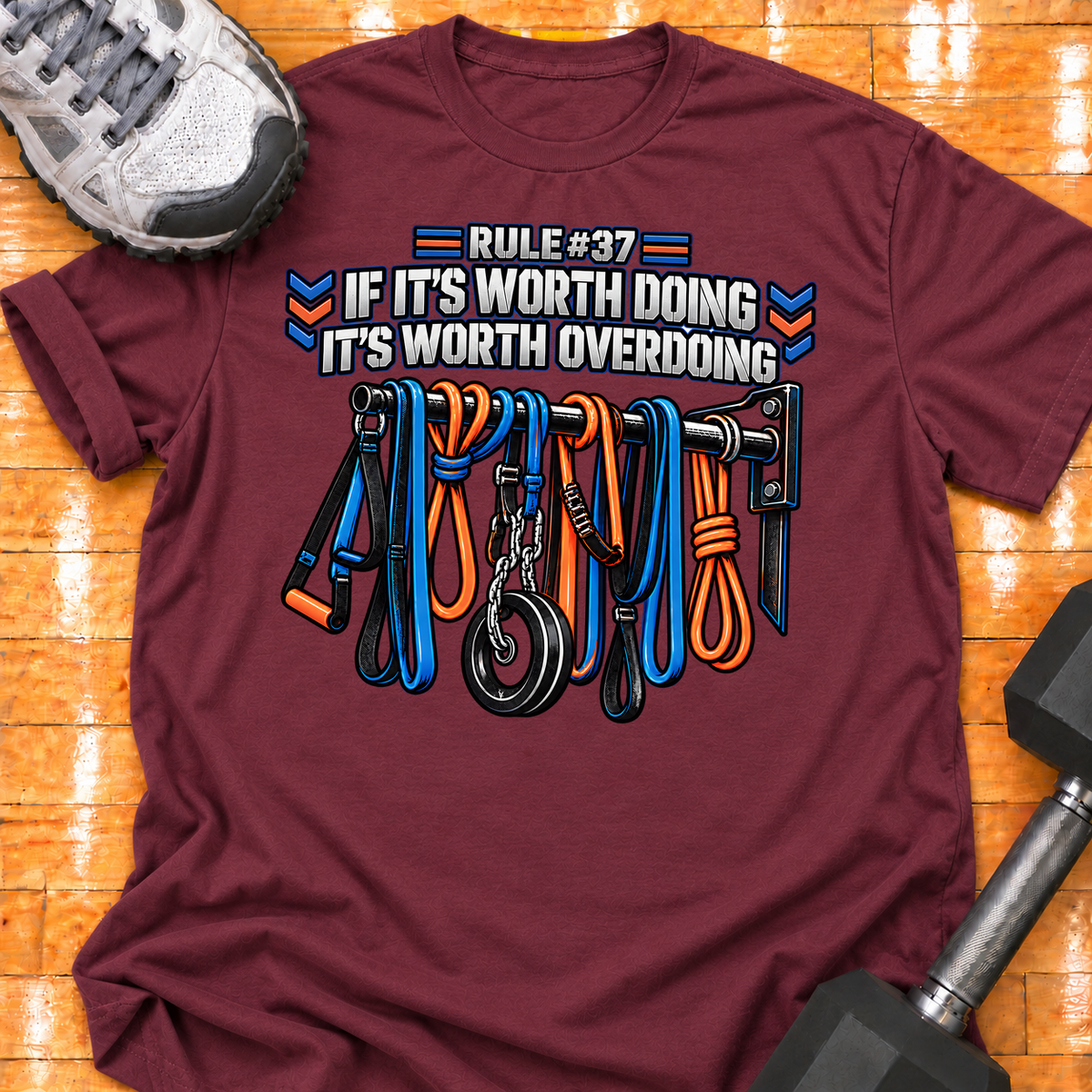 HIGH MILEAGE TRAINING CLUB RULE #42 IF IT'S WORTH DOING IT'S WORTH OVERDOING - Maroon - HMTC approved v02 template mockup v05