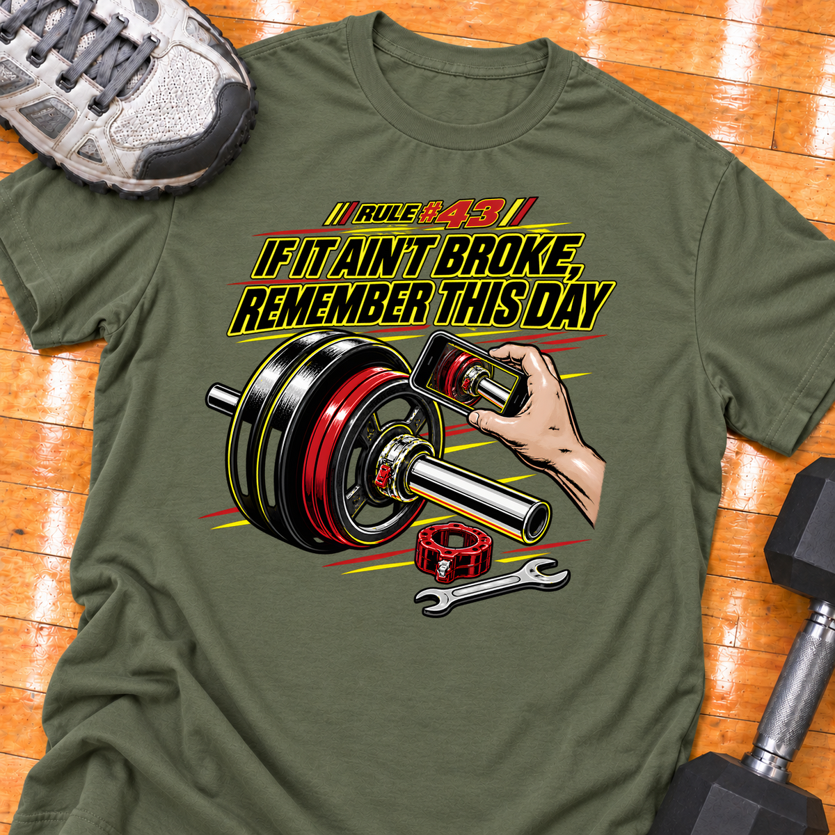 HIGH MILEAGE TRAINING CLUB RULE #43 IF IT AIN'T BROKE, REMEMBER THIS DAY - Military Green - HMTC approved v02 template mockup v05