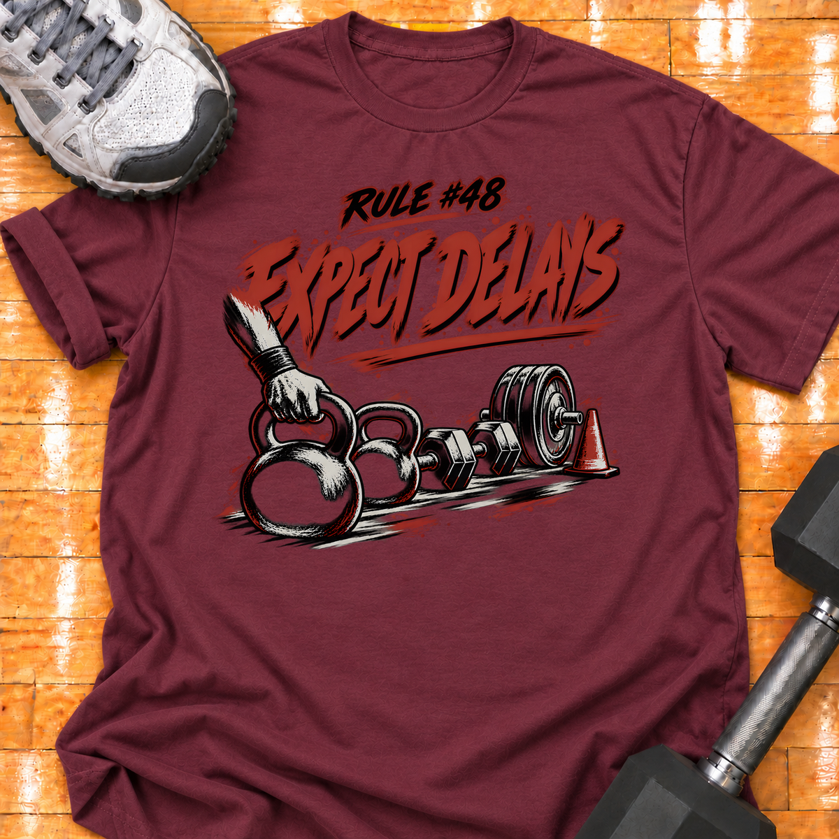HIGH MILEAGE TRAINING CLUB RULE #48 EXPECT DELAYS - Maroon - HMTC approved v02 template mockup v05