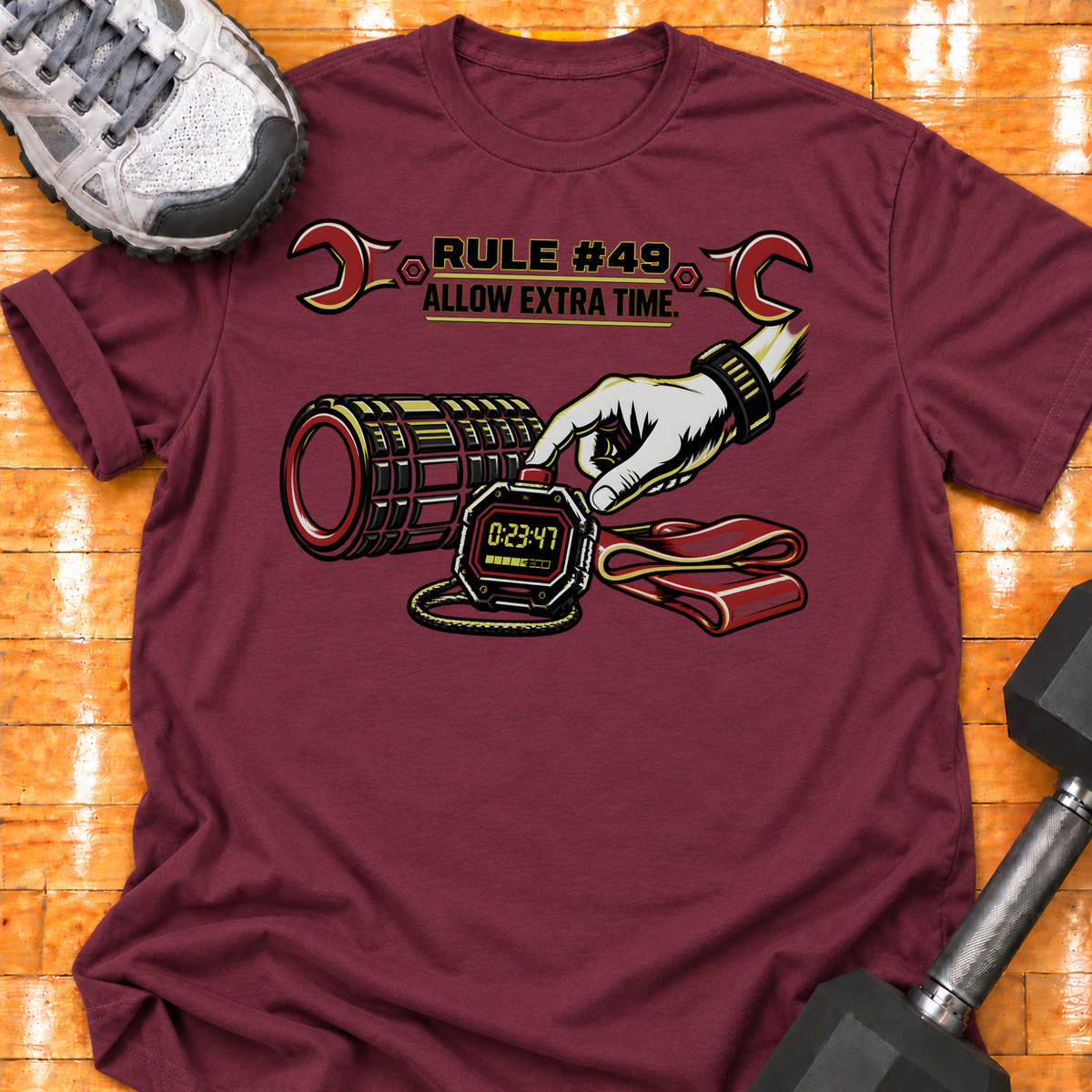HIGH MILEAGE TRAINING CLUB RULE #49 ALLOW EXTRA TIME - Maroon - HMTC approved v02 template mockup v05