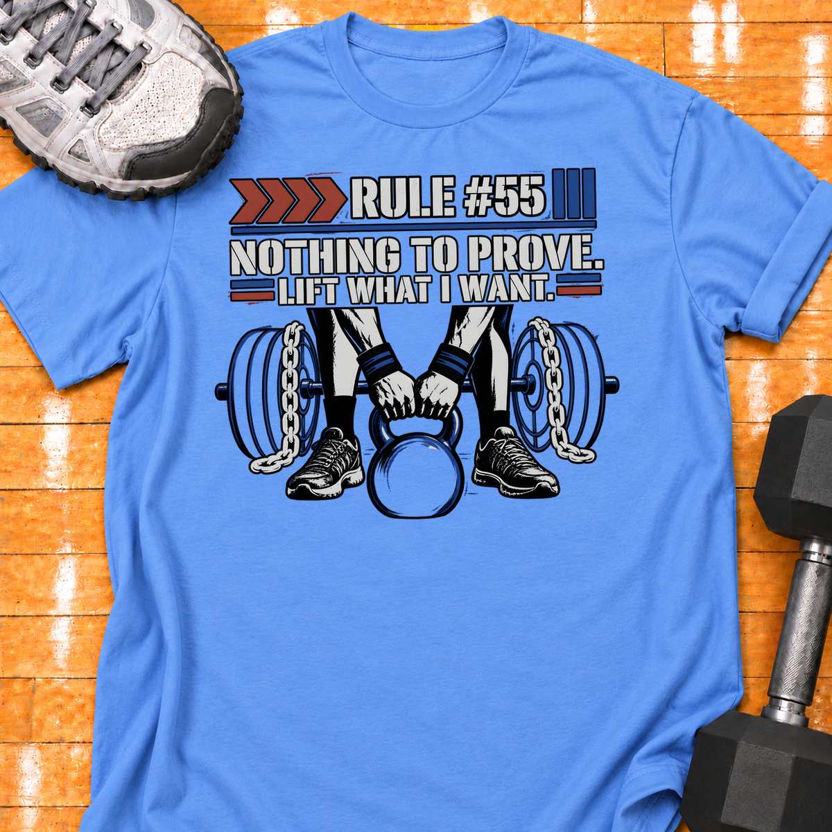 HIGH MILEAGE TRAINING CLUB RULE #55 NOTHING TO PROVE. LIFT WHAT I WANT - Carolina Blue - HMTC approved v02 template mockup v05