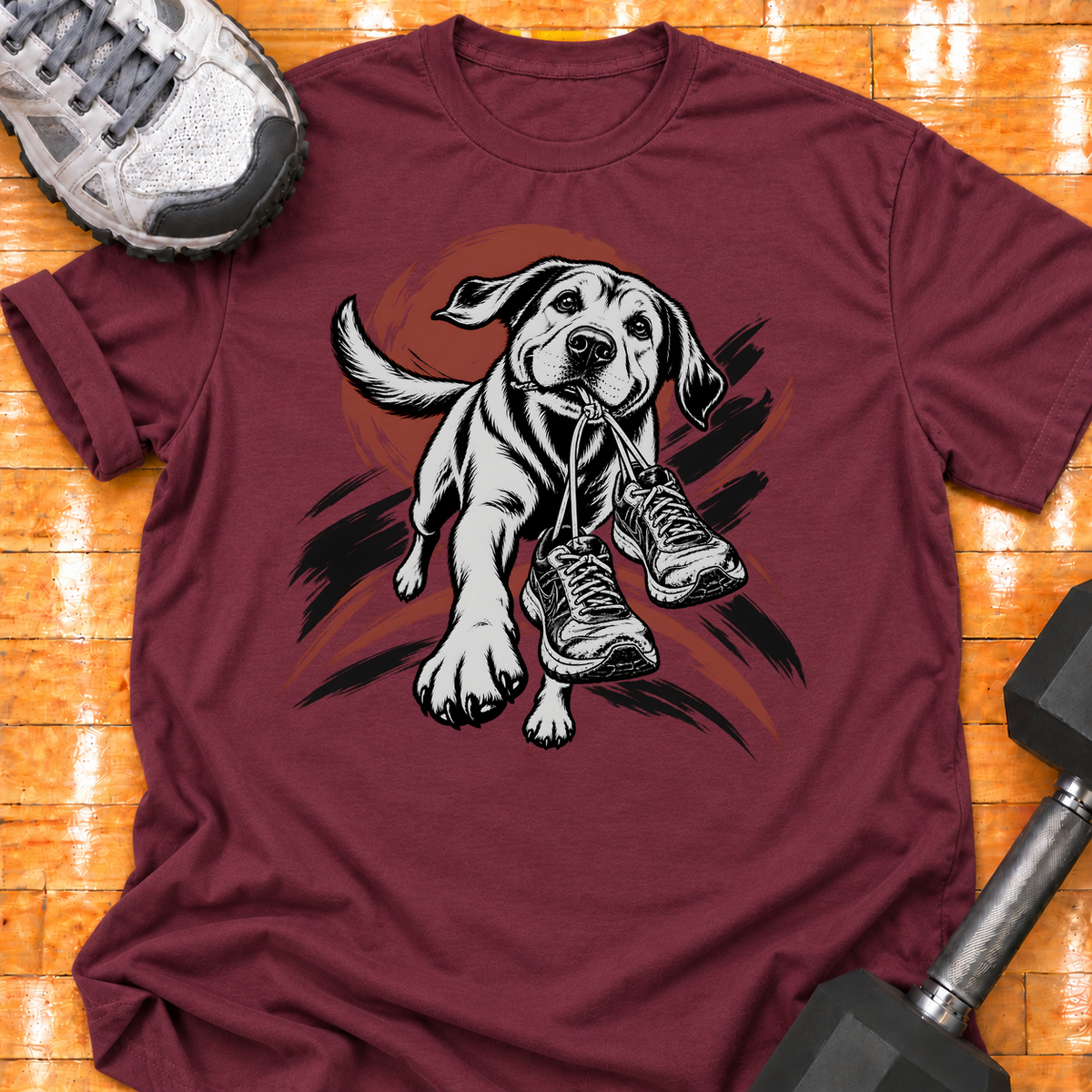 Labrador Retriever old training shoes tied together - Maroon - HMTC approved v02 template mockup v05